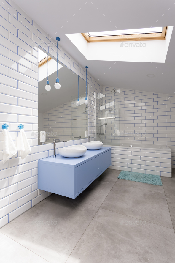 Bathroom with white brick wall Stock Photo by bialasiewicz PhotoDune